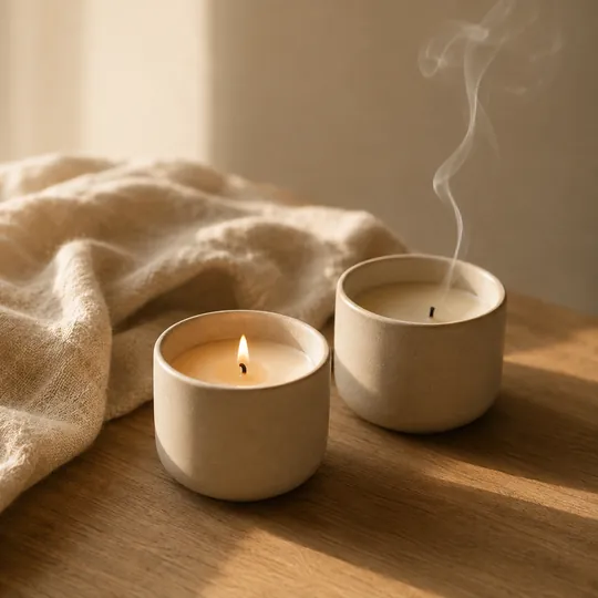 Duas velas em recipientes de cerâmica creme, uma acesa e outra apagada com um fio de fumo a subir.
