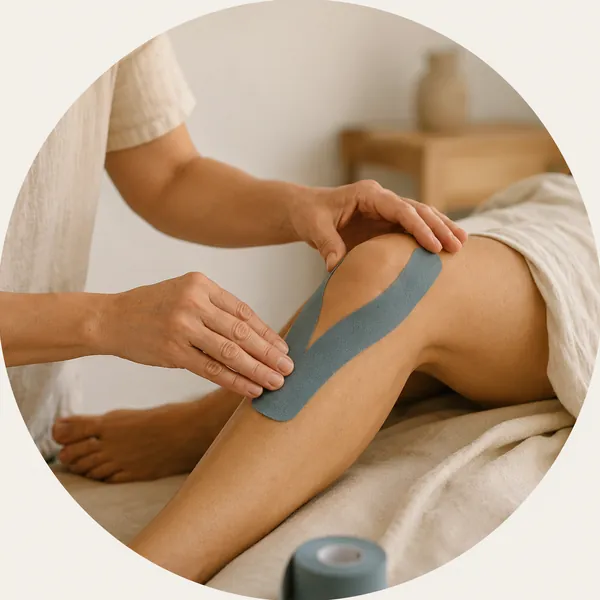 Mãos de uma terapeuta a aplicar uma fita de kinesiotaping azul-ardósia sobre o joelho de uma pessoa deitada numa marquesa.